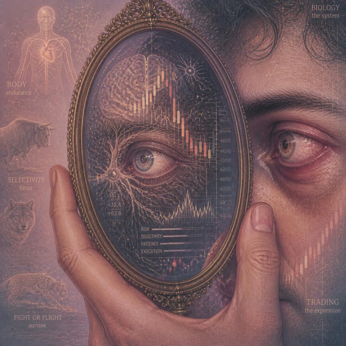 A trader holding a mirror that reflects biology, the nervous system, and market candles — biology as the system, trading as the expression.